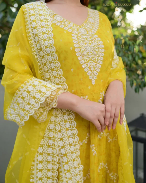 Yellow Threadwork Organza Anarkali - Image 4