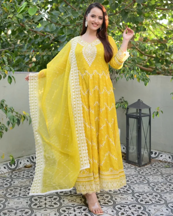 Yellow Threadwork Organza Anarkali - Image 2