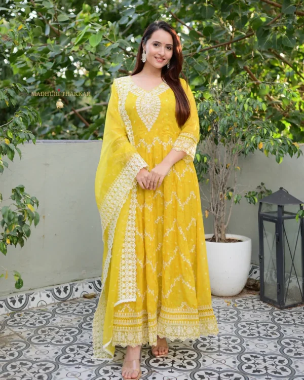 Yellow Threadwork Organza Anarkali - Image 3