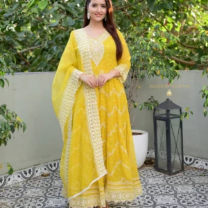Yellow Threadwork Organza Anarkali